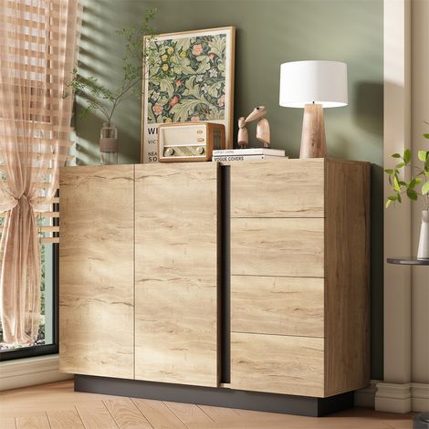 Buffet Sideboard Moderne - 120 x 35,5 x 90,5 cm - Commode 2 Portes et 4 Tiroirs avec Système Push-to-Open - Naturel et Noir (1/5)