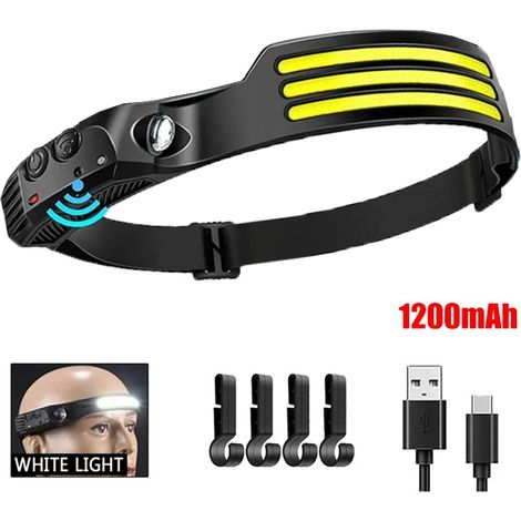 (3 crochets blancs) Lampe frontale puissante à induction LED COB, rechargeable par USB et étanche, idéale pour le camping, la pêche, la randonnée et le travail. (1/5)