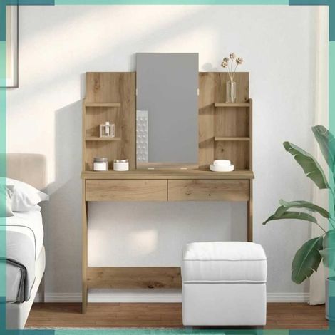 Coiffeuse - 857012 - Chêne artisanal - 96 x 39 x 142 cm - Miroir inclus (1/5)