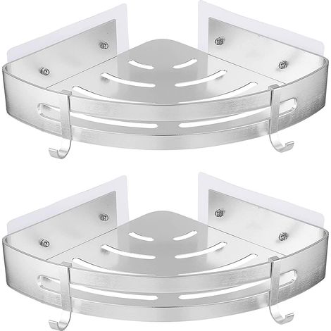 Douche Etagère Montage sans Perceuse Toilettes Serviteur Douche Adhésive Murale Douche Étagère Aluminium Antirouille 2 Niveaux Triangulaire Argentée