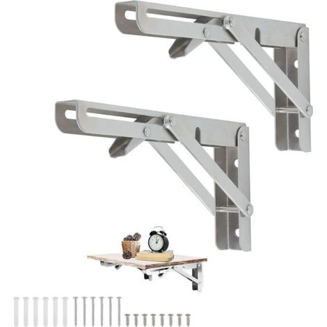 2 Pièces 200mm Equerre Rabattable Murale en Acier Inoxydable, Support Console Pliable Equerre Équerre Pliante Charge Lourde, Supports Équerre Étagère Pliante Pour Garage Établi (1/5)