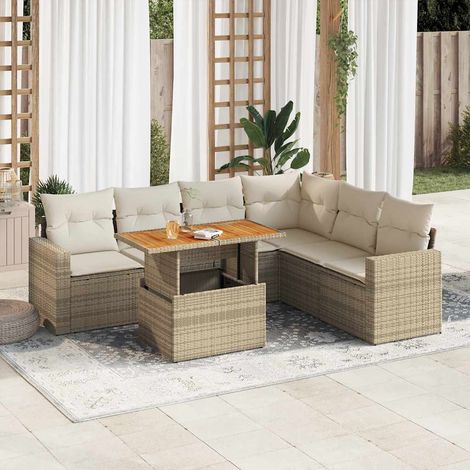 Set sofás de jardín 7 piezas y cojines ratán sintético beige (1/5)