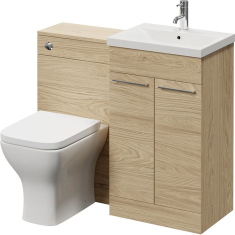 Napoli 390 Light Oak 1000mm 2 Door Vanity Unit Toilet Suite with Glide Basin - 1000mm - Chrome 160mm HandleWith Kingston Toilet Pan and Seat