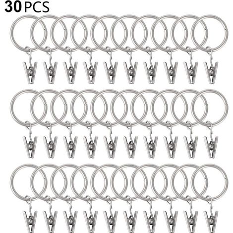 30 anneaux de rideau PCS avec pinces, pinces draperie solides, crochets sur support de tige de tension, diamtre intrieur oeillets en mtal rideaux dcoratifs cintres de fentre, argent