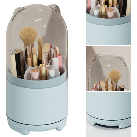 Boîte de rangement pour pinceaux de maquillage, couvercle anti-poussière rotatif à 360°, couvercle transparent, grande capacité, porte-pinceaux, bleu (1/5)