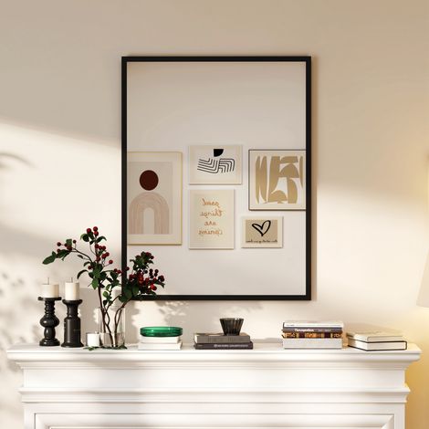 Miroir mural rectangulaire 90 x 70 cm, cadre en bois noir, idéal pour la salle de bain, salon ou chambre (1/5)