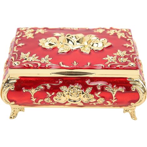Vintage Jewelry Box Glossy Exquisite Rust Resistant Rose Relief Design Jewelry Storage Box DecorationGold Red (1/5)