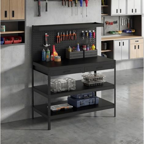 Banco con panel perforado, 2 cajones y estantes ajustables, 122 x 61 x 156 cm, negro HAVRYA (1/5)