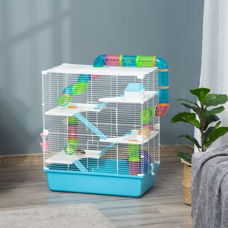 Enclos pour petits animaux Étable pour petits animaux avec rampe et roue d'exercice Cage à 5 niveaux Cage pour rongeurs petits animaux Gamelle Bouteille d'eau Fil d'acier Plastique PS Bleu clair + Bla (1/5)