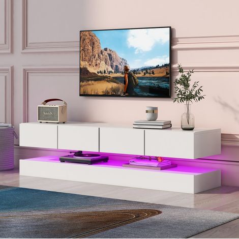 Meuble TV mural 130 cm en MDF blanc avec 4 tiroirs, rangement bas et éclairage LED contrôlé par application Bluetooth, pour écran jusqu’à 55 pouces – de FLORAGRACE (1/5)