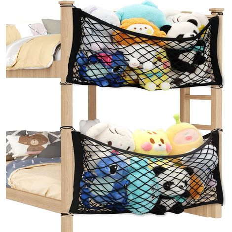 Paquete de 2 organizadores de peluches para habitación infantil, red de algodón colgante con lazos para dormitorio, organizador de peluches estilo bohemio, organizador de edredones infantiles (negro) (1/5)