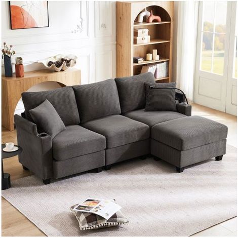 Canape angle 213x139x87cm Velours Côtelé Gris Foncé, Réversible, Port USB, Porte-gobelets, Rangement et 2 Coussins (1/5)