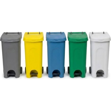5 Bidoni 80 Litri CON PEDALE RUOTE E COPERCHIO grigio bianco giallo blu verde carrellati Raccolta spazzatura Differenziata da Esterno Interno Contenitore Secchio Rifiuti domestico o professionale (1/5)