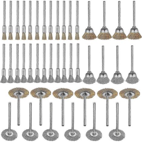Ensemble de 44 mini-brosse métallique, godet, en laiton et acier, tige de 3 mm (1/8 pouce) pour Dremel (1/4)