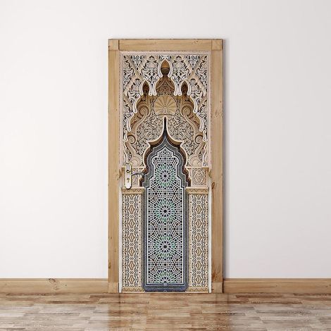 Sticker mural 3D style alcôve mauresque, 95 x 215 cm, trompe-l'œil miroir, papier peint PVC étanche pour chambre et salle de bain (1/5)