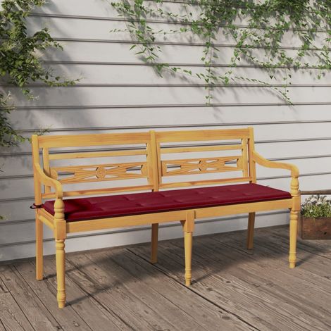 Banc Batavia, Banc de jardin, Banquette design contemporain avec coussin rouge bordeaux 150cm Bois teck massif NKK18561 (1/5)