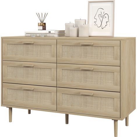 Commode 6 tiroirs meuble de rangement avec tissage en rotin dim. 110L x 40l x 75H cm Aspect Bois Clair