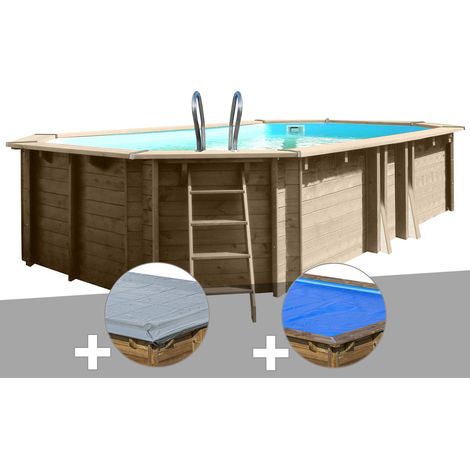 Kit piscine bois Gré Safran 6,20 x 3,95 x 1,36 m + Bâche hiver + Bâche à bulles (1/3)