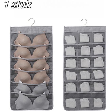 Sac de rangement suspendu gris pour sous vêtements chaussettes et vêtements avec compartiments en filet réversible 6 et 18 compartiments (1/5)