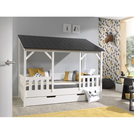 Pack - Lit Cabane Enfant & Tiroir "Housebed III" 90x200cm Blanc & Noir (1/3)