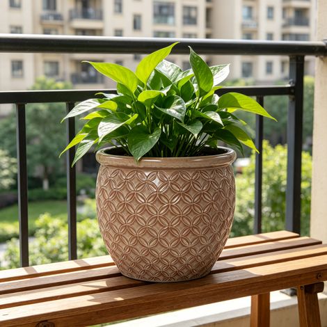 Vaso da pianta in ceramica artigianale (Ø 30,5 cm), lucido beige con rilievo a moneta, traspirante, resistente al gelo, con fori di drenaggio per piante da interno e da giardino (1/5)