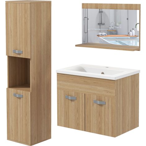 Meuble salle de bain 4 pièces mural avec miroir, meuble sous vasque, lavabo, armoire haute, naturel