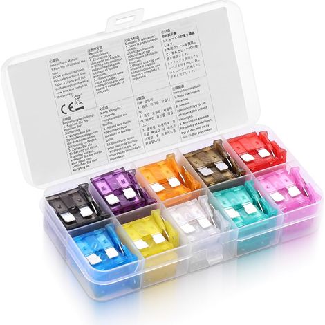 2A-35A 10 Type Medium Car Fuse Kit (2A/3A/5A/7.5A/10A/15A/20A/25A/30A/35A) Color Coded Blade Fuses for Ignition/Headlights/Air Conditioning with Storage Box (1/5)