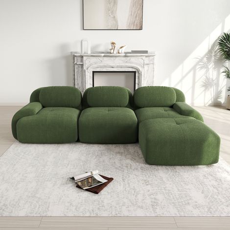 Divano angolare 298x178x75 cm in velluto a coste – Divano modulare con braccioli curvi – Cuscini in schiuma ad alta resilienza – Ideale per soggiorno o camera da letto – Verde