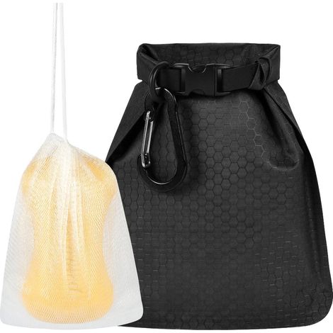 Sac à Savon de Voyage, Séchage Rapide et Anti-Fuite, avec Mousqueton et Sac à Savon en Mousse, Idéal pour Les Voyages, Le Camping et Les Activités de Plein Air (Noir) (1/5)