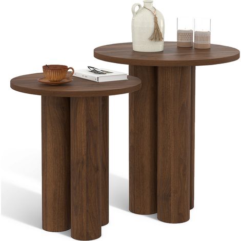 Lot de 2 tables d'appoint rondes, bouts de canapé, tables de chevet ELOISE 35/40 cm bois effet noyer (1/5)