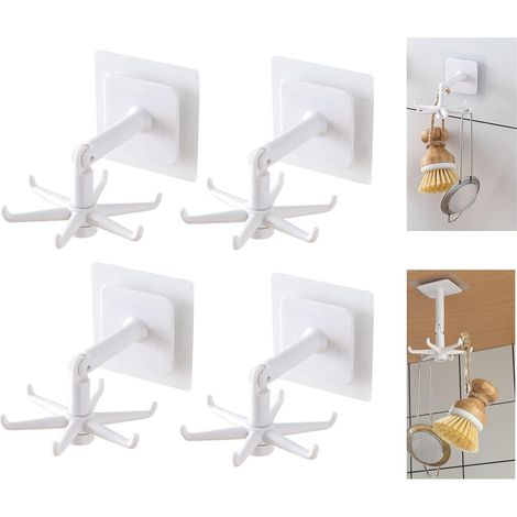 Ganchos giratorios para utensilios de cocina sin taladro, soporte para utensilios de cocina con 6 ganchos, accesorios de cocina para el hogar, paquete de 4 (blanco)