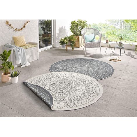 Port-Tapis Rond réversible-Imperméable-Design Mandala-Résistant aux intempéries-pour Balcon, terrasse, Jardin, Salon-Gris crème-Diamètre : 140 cm, Polypropylène (PP) (1/5)
