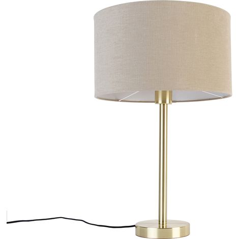 QAZQA Diseño Lámpara de mesa clásica de latón con pantalla marrón claro 35 cm - Simplo Acero /Textil Redonda Adecuado para LED Max. 1 x 40 Watt