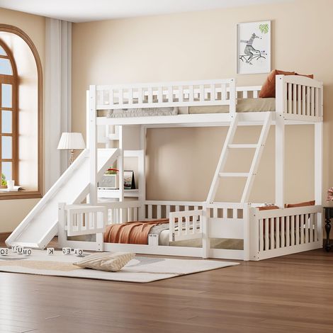 Lit superposé 90 x 200 et 140 x 200 cm bois avec toboggan, étagères et porte coulissante, sans matelas (1/5)