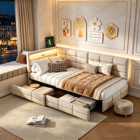 FOERPL-Divano letto imbottito 90 x 200 cm con LED e USB/Type-C, letto singolo imbottito 90 x 200 con 2 cassetti letto con rete a doghe per soggiorno camera da letto in lino