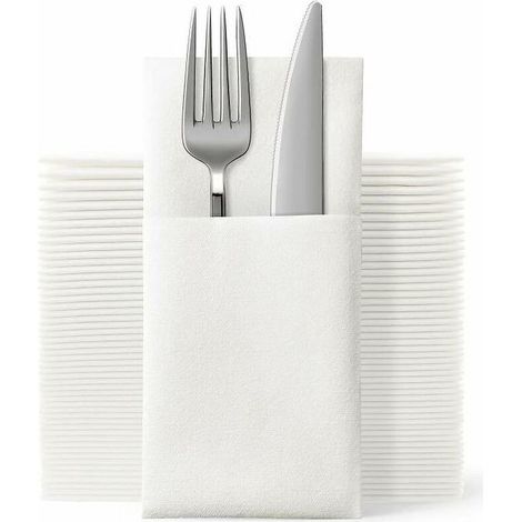 AGE SR Lot de 50 serviettes en tissu jetables - Sac à couverts intégré - Serviettes en lin blanc - Convient pour les fêtes de mariage - Couverts en argent pré-pliés (blanc) (1/5)
