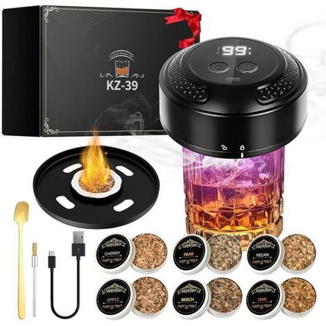 Kit Fumoir Whisky Electrique Électrique - Fumeur de Cocktails Rechargeable avec 6 Copeaux de Bois Briquet Intégré pour Boissons (1/5)