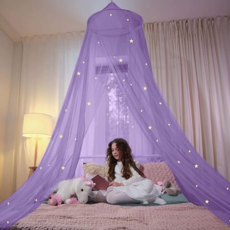 Der Betthimmel ist mit fluoreszierenden Sternen verziert, und der Moskitonetzbezug ist lila. Die Maße betragen 60 x 250 x 850 cm (geeignet für Betten bis 1,5 Meter Länge). (1/4)