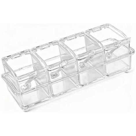 Un ensemble comprend 4 pots à assaisonnement, un pot à épices avec une cuillère en plastique, un couvercle et une cuillère pour conserver le sel, le poivre, le sucre et les épices. (1/5)