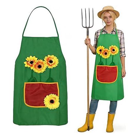 Tablier de jardin pour femme, vêtements avec tournesols et applications d'herbe, tablier de jardinier, costume de plantes, costume de jardinier, unisexe, tablier vert, tournesols (1/5)