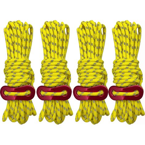 Corde de camping robuste à 8 boutons - Haubans réfléchissants d'extérieur de 3,5 mm avec tendeur - Cordon en nylon résistant pour grandes tentes, bâches et auvents - Jaune