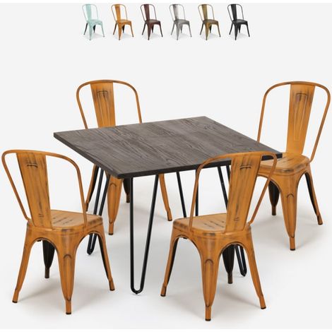 ensemble table carrée 80x80cm bois métal 4 chaises vintage style hedges dark - Orange (1/5)