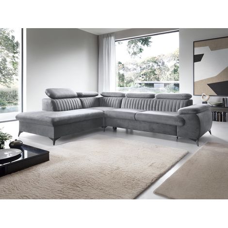 Emporius Canapé d'angle Xanto L tissu velours, gauche - canapé d'angle avec rangement, appuie-têtes réglables, gris (1/5)