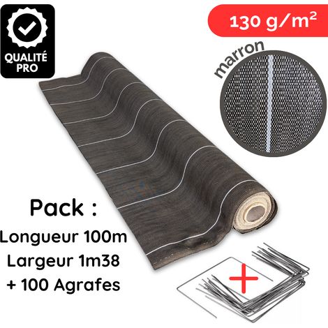 Toile de paillage avec agrafes Longueur 100m Largeur 1,38m anti mauvaises herbes Coloris Marron 130g m2 ZENLYS tissée Pack Lot (1/5)