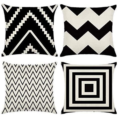 Lot de 4 housses de coussin noir et blanc, motifs imprimés géométriques, 45x45 cm, pour salon, chambre, bureau.