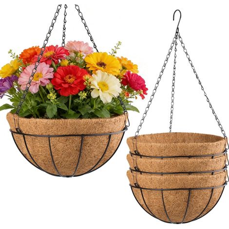 Set di 4 vasi da fiori rotondi sospesi in metallo con rivestimento in fibra di cocco, diametro 30,5 cm, con catena nera da 50,5 cm, adatti per uso interno ed esterno, giardino, veranda, balcone, patio (1/5)