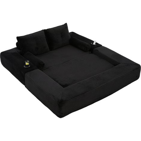 Canapé convertible 2 places en velours côtelé noir, avec poches latérales, porte-gobelet, coussins mémoire et montage facile pour appartement - CHICFURN (1/5)