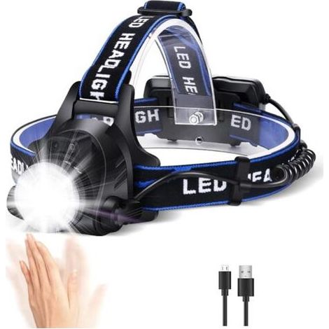 Lampe Frontale LED Puissante Rechargeable Torche Frontale Lampe Phare Orientable 3 Modes LED Frontale avec Câble USB et 2 Piles 18650 pour Peche Vélo Randonnée Course Camping (1/5)