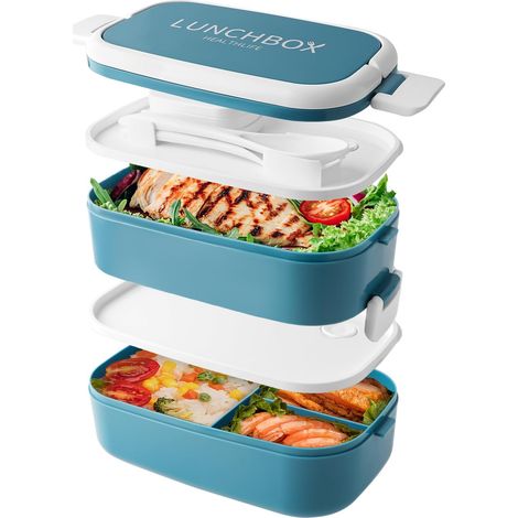 Boîte à lunch Bento empilable,Récipients de 1400ml avec 4 compartiments et couverts, boîtes étanches à 2 couches, pour adultes, enfants, bureau, micro-ondes, lavable au lave-vaisselle (Bleu) (1/5)
