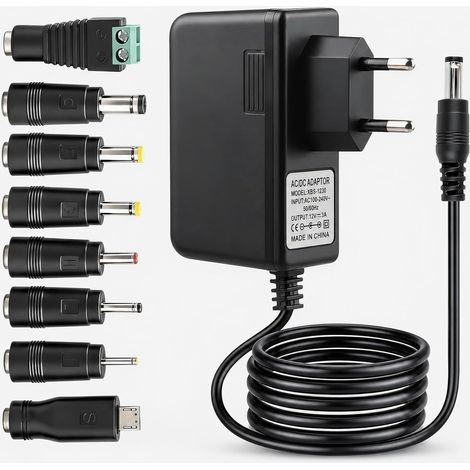 Adaptateur Secteur 12V 3A 36W AC/DC 100-240V avec 8 Embouts Universels Alimentation stable, connecteur 5,5 x 2,1 mm, pour ruban LED, routeur, caméra CCTV, Box TV, moniteur et écran LCD (1/5)